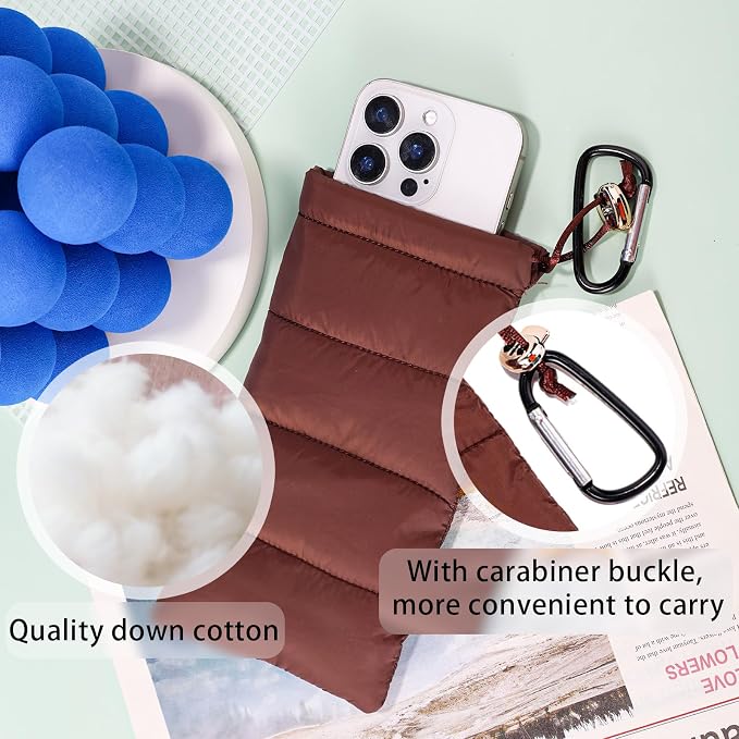 Lyreh Thermal Phone Pouch, Down Cotton Warm Phone Case Cover Bags Prevents Freezing & Overheating Protector Cellphone Pouch with Carabiner Ideal for Outdoor Camping Hiking Skiing (Brown)