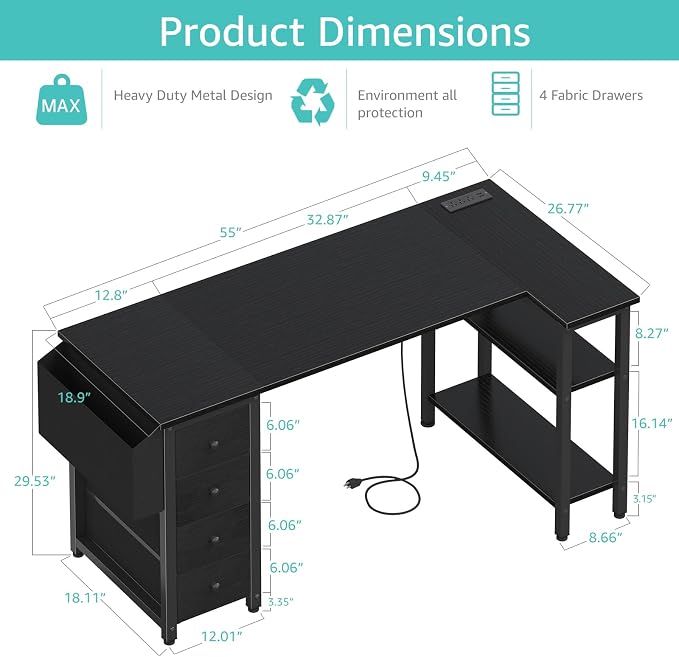 Lufeiya L Shaped Gaming Desk with Drawers & Storage Shelves, 55 Inch Corner Computer Desk with Power Outlet for Home Office Bedroom, L-Shaped Teen PC Desks with Fabric Drawer, Black