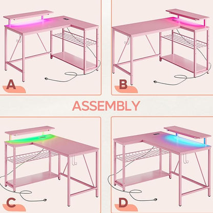 Bestier 42-Inch Pink L-Shaped Gaming Desk with Charging & LED | Charging 2AC+USB+Type-C, RGB LED 20 Colors/22 Modes, Reversible Shelves, Carbon Fiber Texture, Headset Hook, Small Space