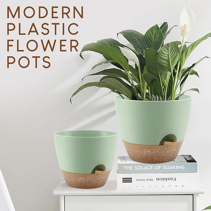 Plant Pots 10/9/8/7.5/7 inch, Self Watering Planters with Drainage Holes & Saucers for Indoor and Outdoor Plants (Green)