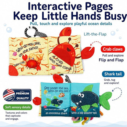 Fish Baby Book, Crinkle Books for Babies, Touch & Feel Soft Books, Infant Baby Toys 0-3 0-6 6-12 Months, Sensory Mirror Toy, Teether Ring, Baby Shower, Baby Basket Stuffers,Gifts for Boys Girls -Blue