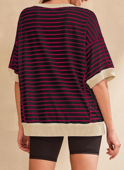 SHEWIN Womens Tops Casual Short Sleeve Sweatshirt Crewneck Striped Shirt Pullover T Shirts Loose Blouses