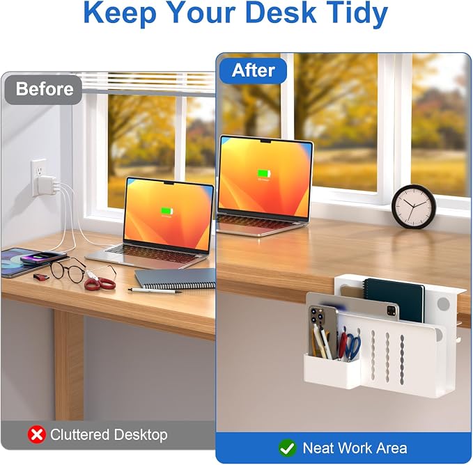 HAMOPY Desk Side Storage, 2 Tier Steel Hanging Desk Organizer with Magnetic Pen Holder, No Drilling Standing Desk Drawer Cable Management Tray, Under Table Laptop Holder for Office, School&Home(White)