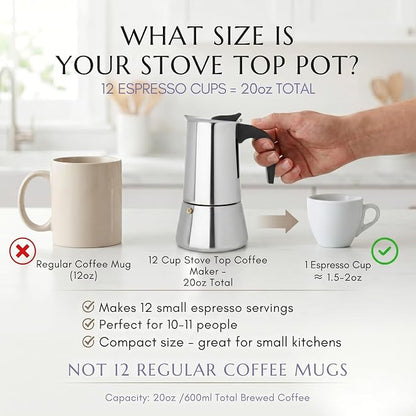 Mixpresso 12 Cup Greca Moka Pot, Stainless Steel Stovetop Espresso Maker | 600ml/20oz Italian stovetop coffee maker with classic percolator design, ideal for preparing coffee at home or while camping