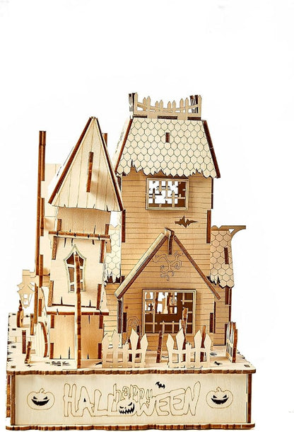 3D Wooden Puzzles Halloween House Kits Includes Light Strip, Brainteaser and Puzzle for Halloween/Birthday,Gifts for Adults and Teens to Build Combination