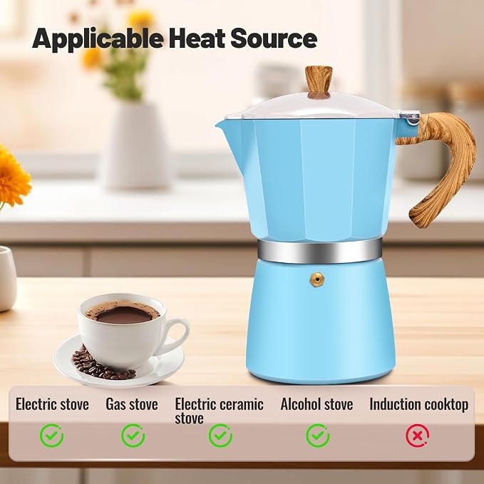 12 Cup Aluminum Moka Pot Classic Stovetop Espresso Coffee Maker 600ml 20oz Coffeemaker Percolator Mocha Pot Greca Coffee Maker Cafe Makers for Italian and Cuban Café Brewing Blue