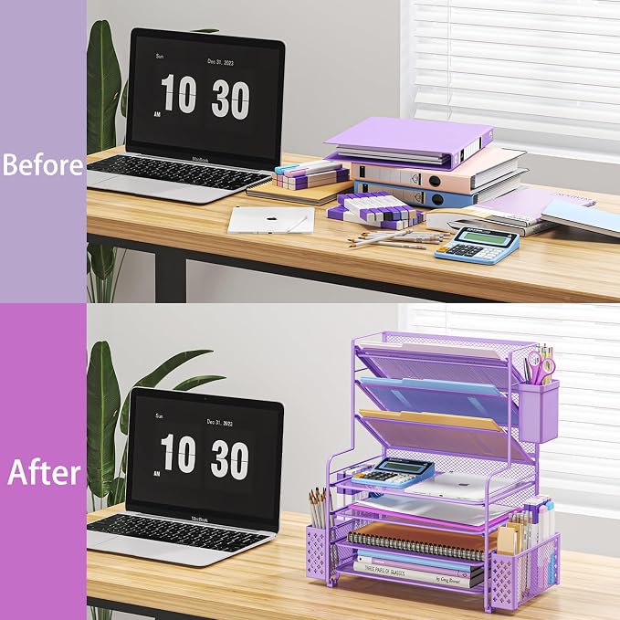 Simple Trending 7 Tier Desk File Organizer, Letter Tray Paper Organizer with Pen Holder and Metal Hanging Basket, Purple