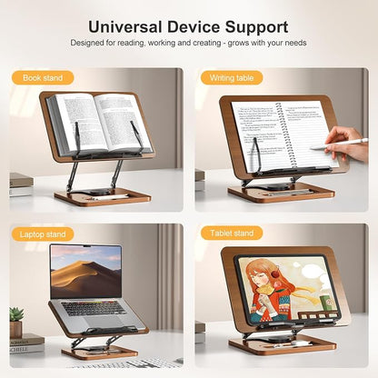 OPTIXCELL Book Stand for Reading, 360° Rotating Book Holder, Page Clips | Hands Free, Built-in Storage Tray, Adjustable Height Angle, Non-Slip, Foldable 13.3x9.4x1.9in, Fits Cookbook Tablet & Laptop