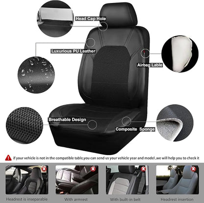 CAR PASS Leather Two Front Car Seat Cover; 4Pcs Waterproof Car Floor Mats & Steering Wheel Cover,Universal Fit Airbag Compatible Automotive Interior Covers (Combo Set, Black)