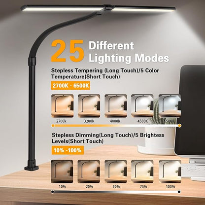 Led Desk Lamp for Office Home - 24W Double Head Architect Desk Light with Clamp & Timer, Eye Caring Folding Table Lamp Gaming Desktop Computer LED Lights Desk Supplies for Workbench Studing Drafting