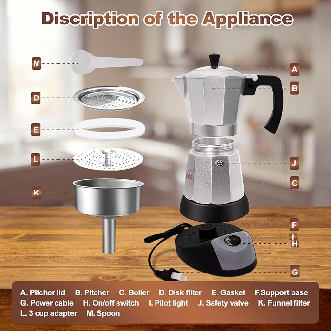 Electric Aluminum Moka Pot 3-6 Cup 150-270ml Espresso Maker | with Detachable Base Ideal Coffee Makers for Home MochaPot Italian and Cuban Café Coffeemaker Espressomaker CoffeePot Silver