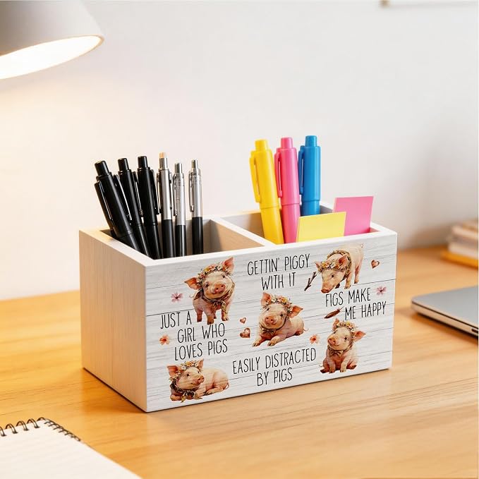 Funny Rustic Floral Pig Pen Holder for Desk, Pig Lover Gifts for Women Wooden Box Sign Desk Decor for Home Office Decoration, Rustic Farmhouse Animal Pencil Organizer