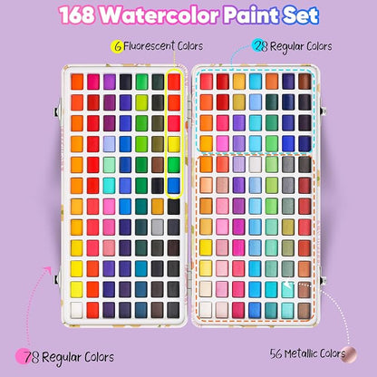 Taotree Watercolor Paint Set 168 Colors, Art Supplies Watercolors Kit Travel Water Colors with 3 Paints Brushes, Crafts Painting Supplies, Drawing for Adults Artist Drawing, Painting