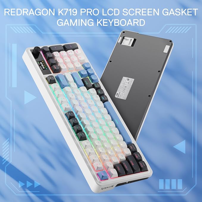 Redragon K719 PRO Wireless 95-Key Gasket Gaming Keyboard, TFT Screen & Knob | Easy-Control LED Info Display, 0-Delay Tri-Mode, Cushioned 5-Layer Noise Dampening for Creamy Thocky Sound, Practical 95 keys