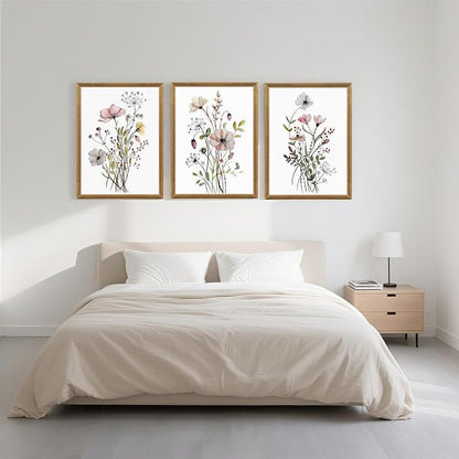 WRFON Framed Botanical Canvas Wall Art Set of 3, Watercolor Floral Prints, Framed Flower Wall Decor for Bedroom Bathroom Living Room, 12x16 Inch Each