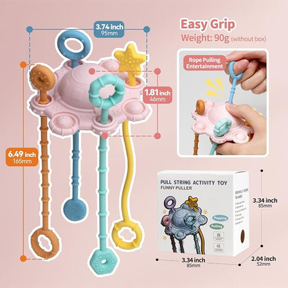 Montessori Pull String Toy Silicone Travel Toy | Food Grade Silicone Early Development Toy, Fine Motor Skills Sensory Toys, Montesorri Gifts (Pink)