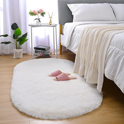 Merelax Soft Shaggy Rug for Kids Bedroom, Oval 2.6'x5.3' Cream Plush Fluffy Carpets for Living Room, Furry Carpet for Teen Girls Room, Anti-skid Fuzzy Comfy Rug for Nursery Decor Cute Baby Play Mat