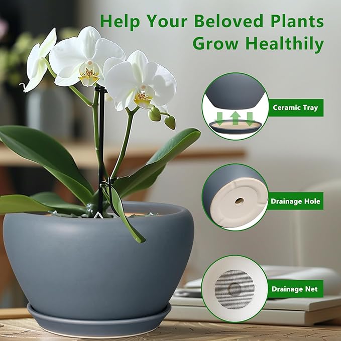 Ceramic Plant Pot - 11 Inch Planter for Indoor Plants Large Plant Pot with Drainage Hole and Saucer Round Outdoor Planter Modern Flower Pot for Home Decor Gray