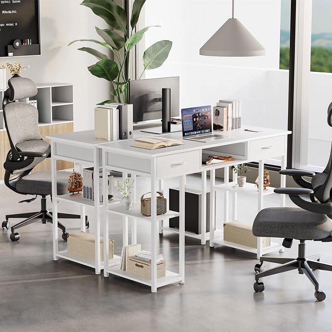 47 Inch Computer Desk with 2 Drawers, Home Office Desk with Wooden Shelves, Study Writing PC Table for Small Spaces, Bedroom, Dorm or Living Room, White