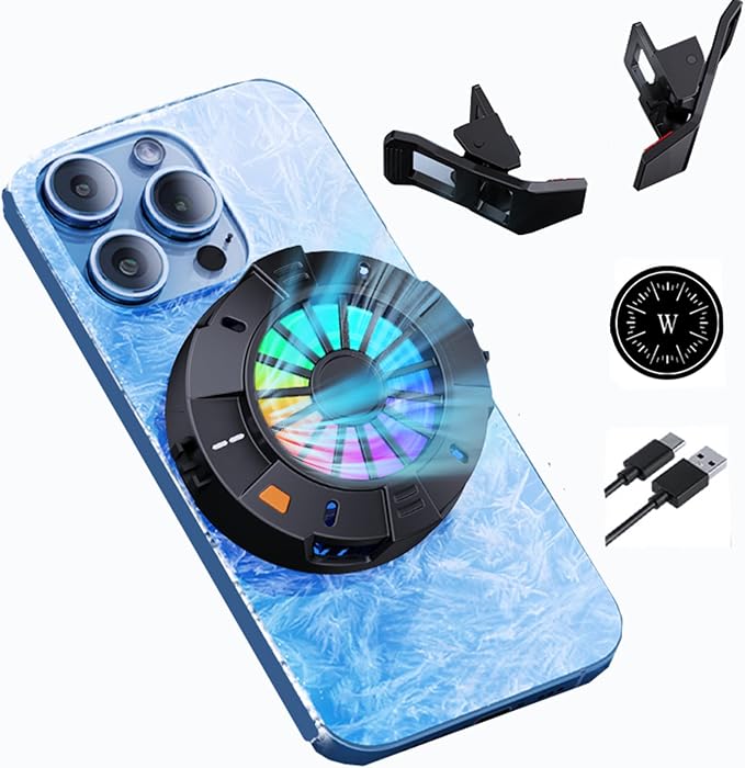 Magnetic Phone Cooler, RGB Portable Lightweight Cooling Fan with Large Cooling Area, Digital Display Phone Radiator for iPhone/Android/Tablet/iPad