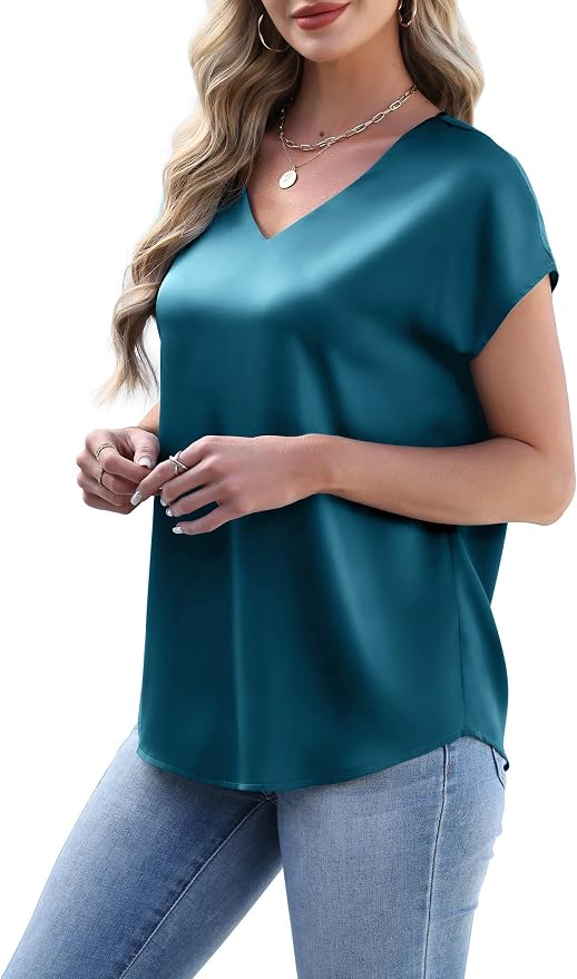 WIHOLL Womens Satin Summer Tops Cap Short Sleeve Blouses V Neck Shirts Business Casual Outfits Fashion Clothing 2026