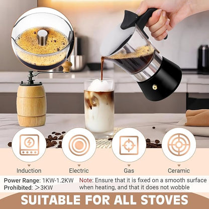 4 Cup 200ml Glass Moka Pot, Stovetop Espresso Maker, Black | Crystal Glass-top & Stainless Steel Coffee Maker, Induction Compatible, for Greca de Cafe, Cuban and Italian Coffee Brewing