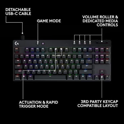 Logitech G PRO X TKL Rapid Tenkeyless Gaming Keyboard (Hall-Effect) - Black | Hall-Effect Magnetic Analog Switches with Rapid Trigger, Lightsync RGB, Detachable USB-C Cable, Volume Roller & Media Buttons