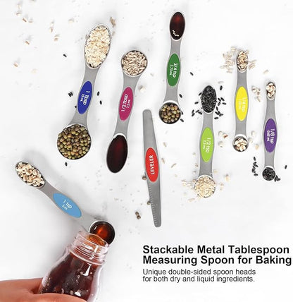 Magnetic Measuring Spoons Set Stainless Steel with Leveler, 8pcs Multicolors Measuring Cups Set for Baking, Measuring Cups and Spoon Set Kitchen Gadgets Apartment Essentials Fits in Spice Jars