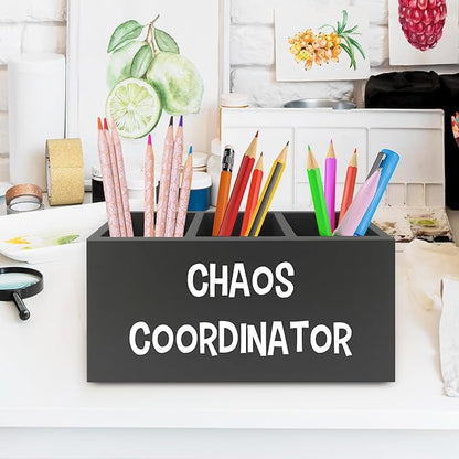 Chaos Coordinator Black Pen Pencil Holder Organizer for Desk, Thank You Gifts for Women Men Coworkers Boss Leader Manager, Appreciation Gifts Wooden Box Sign for Office Tabletop Decorations