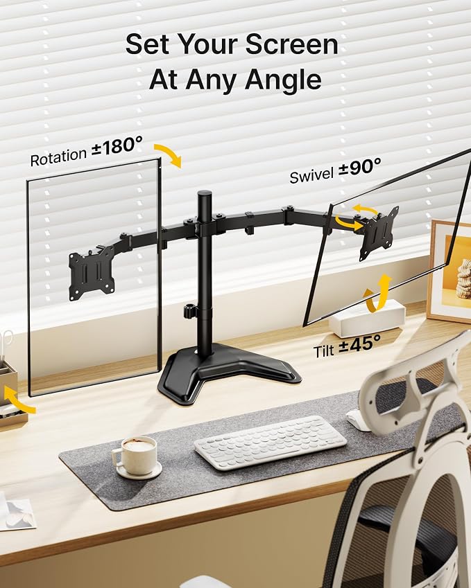 monTEK Freestanding Dual Monitor Stand for 17-32" Screens, 22 lbs Each | Solid V-shaped base, dual-screen full-motion arms, height adjustment, tilt, swivel, rotation and VESA 75/100