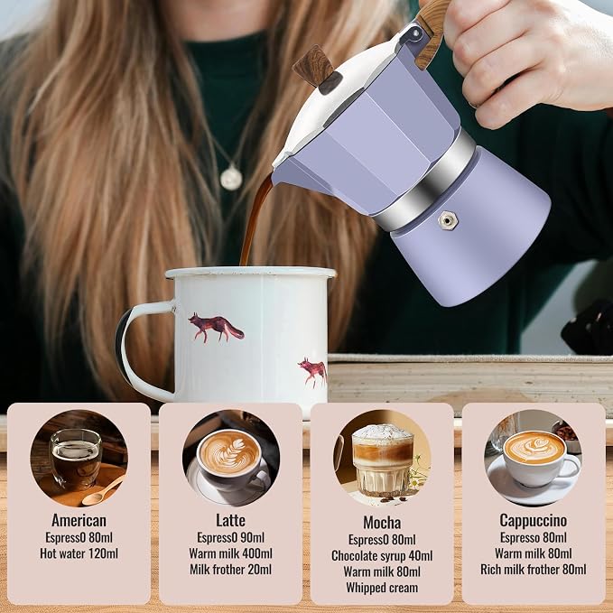 12 Cup Aluminum Moka Pot Classic Stovetop Espresso Coffee Maker 600ml 20oz Coffeemaker Percolator Mocha Pot Greca Coffee Maker Cafe Makers for Italian and Cuban Café Brewing Purple
