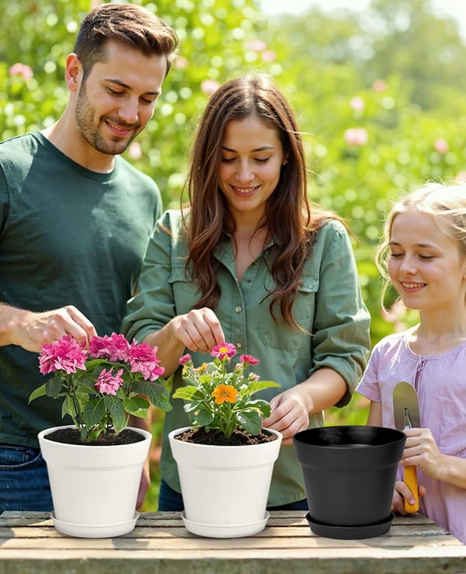 homenote Plant Pots,6 Inch Flower Pots for Plants Plastic Planters for Indoor with Multiple Drainage Holes and Trays, for All Home Garden Flowers Succulents,Outdoor(White&Black,16 Pack)