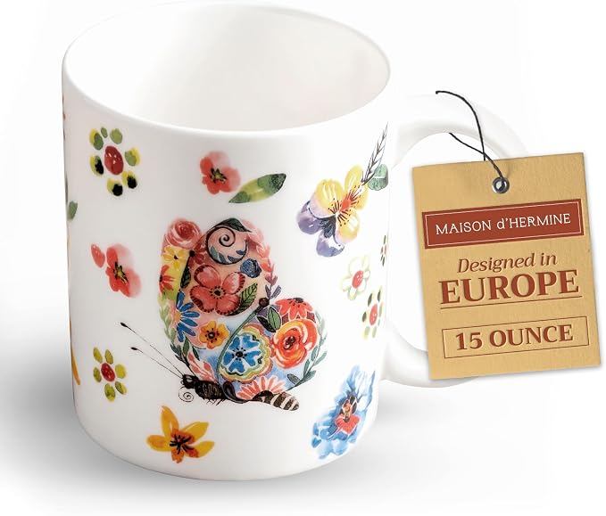 Maison d' Hermine Coffee Mug with Handles Tea Cups (15 Ounce, Pack of 1) | Fine Bone China Coffee Mugs for Hot Beverages Cappuccino Latte Home Spring Summer -Happy Florals - High Summer Butterfliess