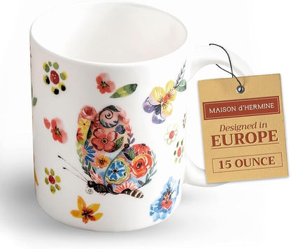 Maison d' Hermine Coffee Mug with Handles Tea Cups (15 Ounce, Pack of 1) | Fine Bone China Coffee Mugs for Hot Beverages Cappuccino Latte Home Spring Summer -Happy Florals - High Summer Butterfliess