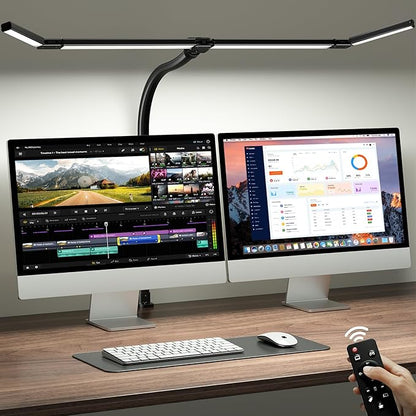 ONEMIX 42-Inch LED Desk Lamp for Dual Monitors with Clamp and Remote | 4 Adjustable Panels for Focused or Wide-Area Light, 1800LM, Flexible Gooseneck, 5 Color Temps, 5 Brightness Levels, Timer