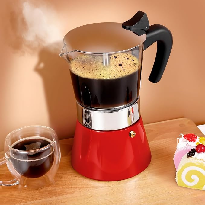 9 Cup 450ml Glass Moka Pot, Stovetop Espresso Maker, Red | Crystal Glass-top & Stainless Steel Coffee Maker, Induction Compatible, for Greca de Cafe, Cuban and Italian Coffee Brewing