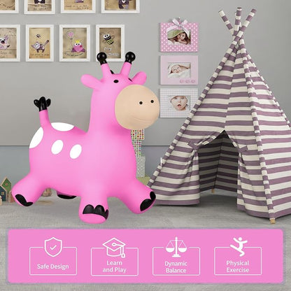 INPANY Giraffe Pink Bouncy Horse Hopper - Toddler Hopping Toys, Inflatable Animal Hopper, Jumping Horse, Outdoor Indoor Ride on Rubber Bouncer, Birthday Gift for 2 3 4 Year Old Boy Girl