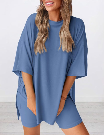 PRETTYGARDEN Women 2 Piece Lounge Set 2026 Summer Casual Oversized Shirts Biker Shorts Matching Airport Travel Outfit Clothes