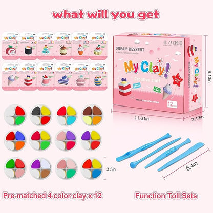 Air Dry Clay Kit, Modeling Clay for Kids, 12 Pack Dessert Theme, Soft Non-Sticky, Non-Toxic DIY Arts & Crafts with Sculpting Tools & Tutorials, Birthday Holiday Classroom Gifts, Party Favors for Kids