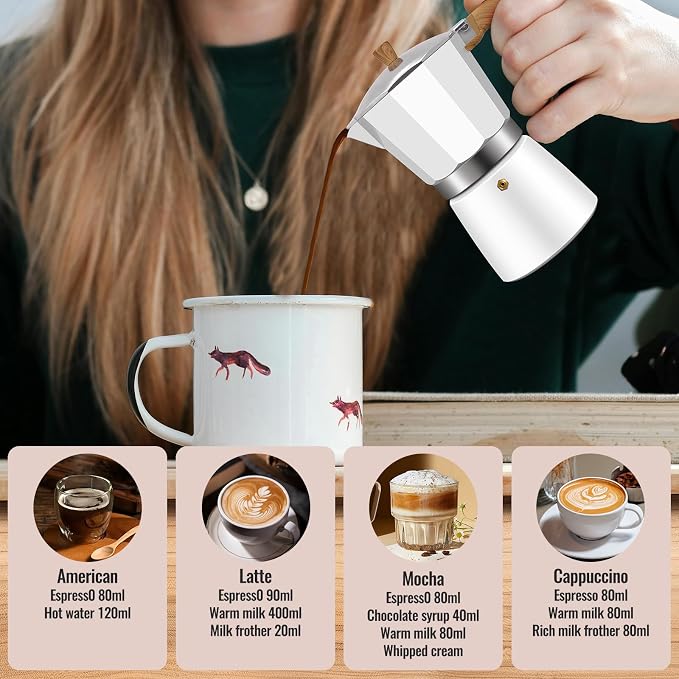 3 Cup Aluminum Moka Pot Classic Stovetop Espresso Coffee Maker 150ml 5oz Coffeemaker Percolator Mocha Express Preferred Cafe Makers for Italian and Cuban Café Brewing White