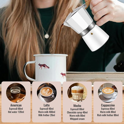 3 Cup Aluminum Moka Pot Classic Stovetop Espresso Coffee Maker 150ml 5oz Coffeemaker Percolator Mocha Express Preferred Cafe Makers for Italian and Cuban Café Brewing White