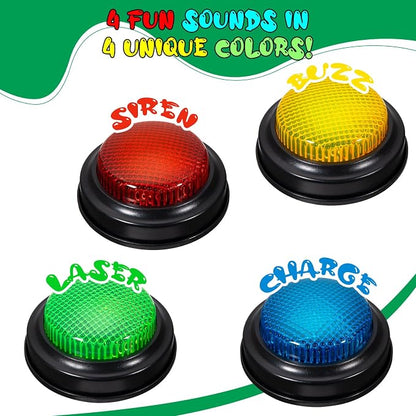 Set of 4 Trivia Game Buzzers with Lights & Sound, Family Feud & Jeopardy Quiz Buttons for Classroom, Party Games, Red/Blue/Yellow/Green