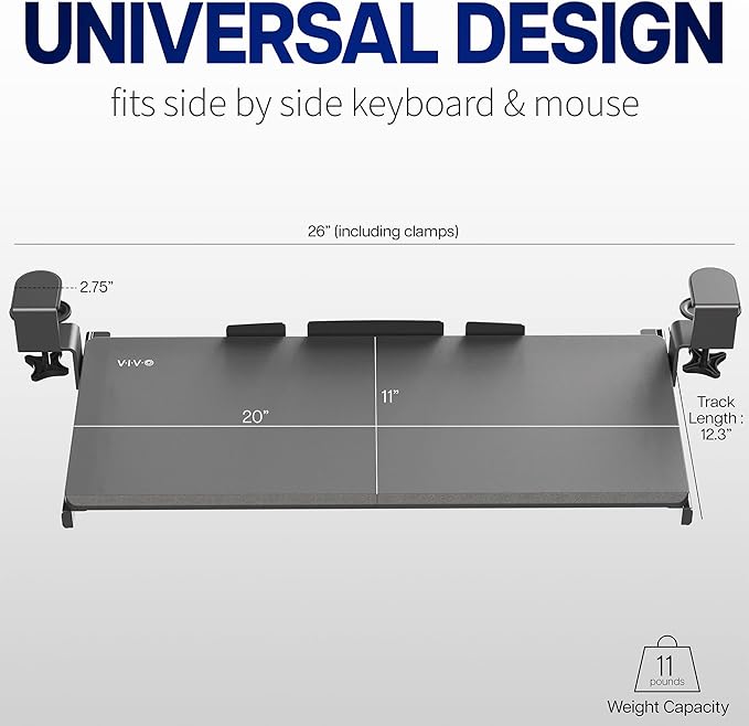 VIVO Small Keyboard Tray, Under Desk Pull Out with Extra Sturdy C Clamp Mount System, 20 (26 Including Clamps) x 11 inch Slide-Out Platform Drawer, Dark Walnut Top, Black Frame, MOUNT-KB05ES-D | Keyboard Tray for Typing, Slide Out Platform, Extra Sturd...