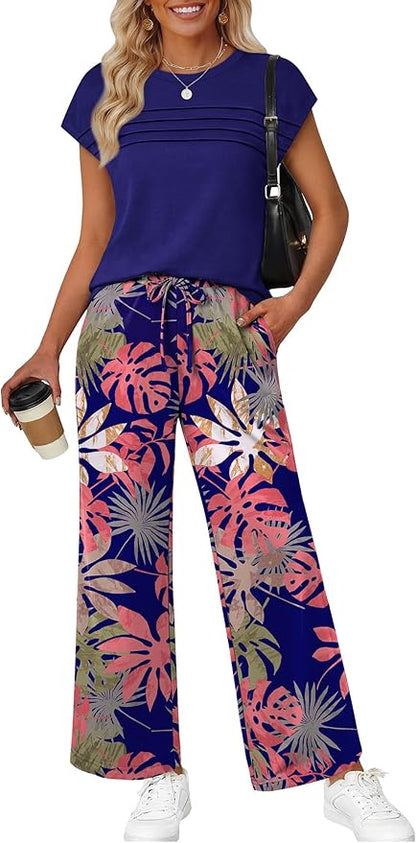 WIHOLL Two Piece Set for Women Summer Spring Outfits Matching Sets Women Clothing Airport Travel Vacation Wide Leg Pants