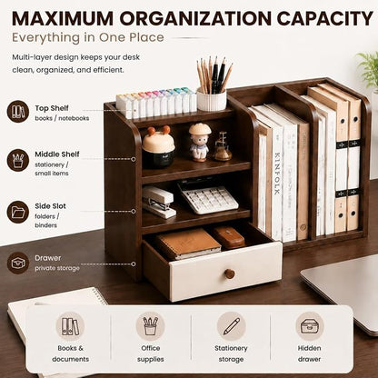 Desktop Organizer with Drawer & Dual File Compartments, Multi-Functional MDF Desk Storage Rack with 3-Tier Shelves and Pen Holder, Space Saving Desk Organizer 22.0×10.6×6.7 Inch for Study Room