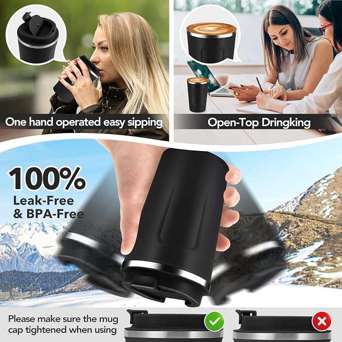 Volhoply 12 oz Double Wall Insulated Vacuum Travel Coffee Mug with Flip Lid Bulk 8 Pack,Reusable Stainless Steel Leak Proof Coffee Cup,Portable Thermal Tumblers for Hot & Cold Drinks(Assorted,8 Set)