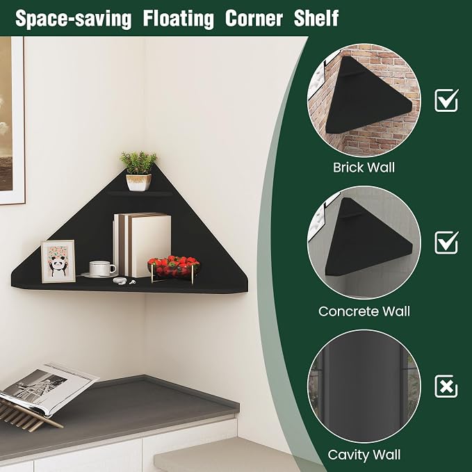 GOFLAME Floating Corner Desk, Wall Mounted Triangular Computer Desk w/Storage Shelf, Space-Saving Design, 90° Wooden Floating Home Office Desk for Writing, Working, Studying (Black)