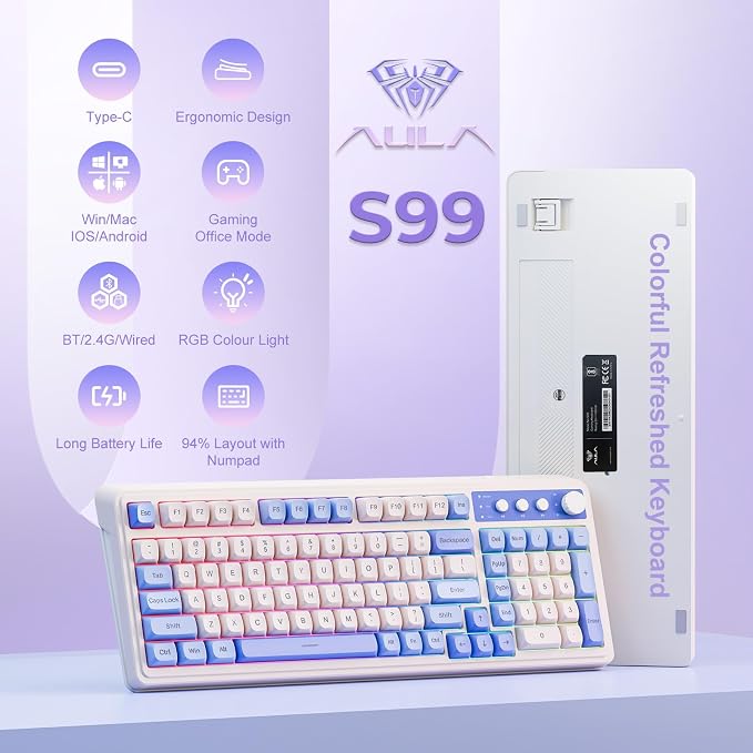 AULA 99 Key Purple Keyboard, Wireless Gaming Keyboard with Number Pad | RGB Backlit,Programmable,Creamy Sounding,Tri-Mode BT/2.4GHz/USB-C,2000mAh Membrane Keyboard,Thocky Computer Keyboards