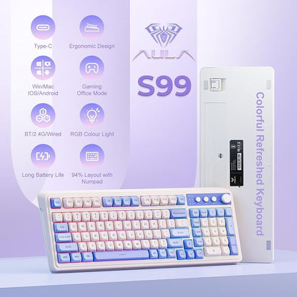 AULA 99 Key Purple Keyboard, Wireless Gaming Keyboard with Number Pad | RGB Backlit,Programmable,Creamy Sounding,Tri-Mode BT/2.4GHz/USB-C,2000mAh Membrane Keyboard,Thocky Computer Keyboards