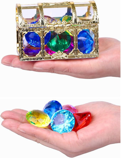 XIJUAN Diving gem Pool Toys Sand Toys,14 Color Diamond Treasure Chest Summer Swimming gems Pirate Diving Toy Set Underwater Swimming toyChildren's Game Gifts for Boys and Girls(Golden)